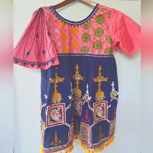 Mesmora Linen Cotton Blend Embroidered India Boho Top Womens Size M/L